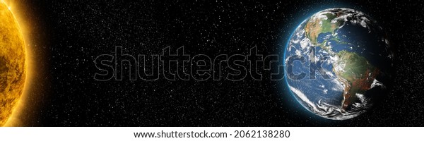 Sun star\
and planet earth in space front view. Cosmic background.Solar\
system.Elements of this image furnished by\
NASA.