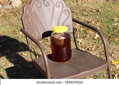 The Sun Tea Jar Is Sitting On A Vintage Metal Lawn Chair   