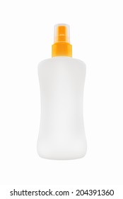 Sunbath Oil Or Sunscreen Bottle. Blank White Plastic Bottle With Work Path