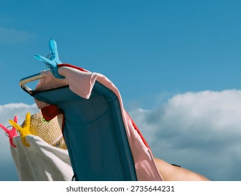 Sunbathing on the beach during summer vacation, relaxing holiday concept with warm sunlight, leisure time, travel freedom and seaside lifestyle atmosphere