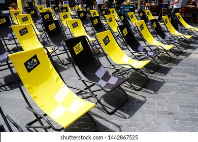 Sunbeds With The Tour De France Logo In Brussels ,Belgium On July 4, 2019.