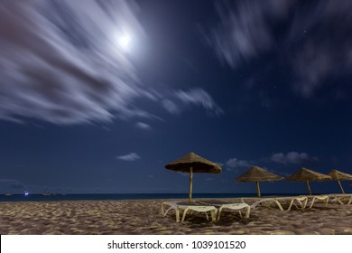 Sunbeds And Umbrellas On The Beach At Night, Sal, Cabo Verde, Cape Verde