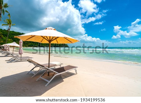 Sunbeds under tropical palms on beach on Phu Quoc island, Vietnam. Beach's smile