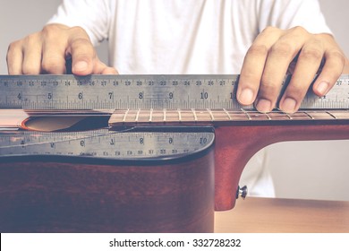 Sunburst Acoustic Guitar In Luthier Workshop, Fixing & Music Instrument Repairing Concept