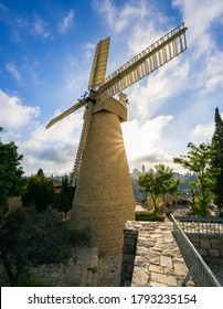 Sunburst at the historic windmill in Yemin Moshe - the iconic landmark, constructed with as a source of income for residents of Jerusalem's first Jewish neighbourhood outside the Old City