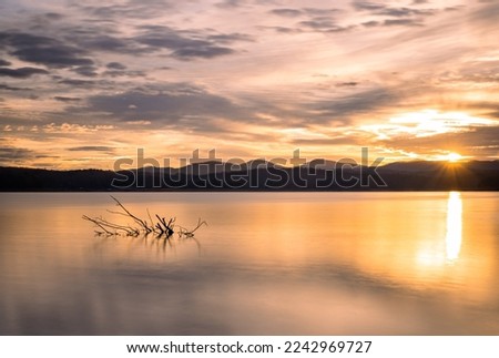 Sunburst over Lake Blue Ridge Georgia at sunrise in fall with a piece of driftwood and colorful