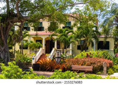 Sunbury Plantation House, Barbados. Restored Great House From Gentry Time Of The Island's Sugar Barons. Built In The 1600s By Matthew Chapman An Early Settler. Front Exterior, Porch, Jalousie Shutters