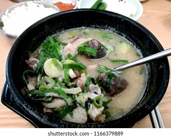 Sundae gukbap or Korean Sausage Soup in local restaurant of Jeju Island.  Sundae is a type of blood sausage in Korean cuisine,made by steaming cow or pig's intestines stuffed with various ingredients.