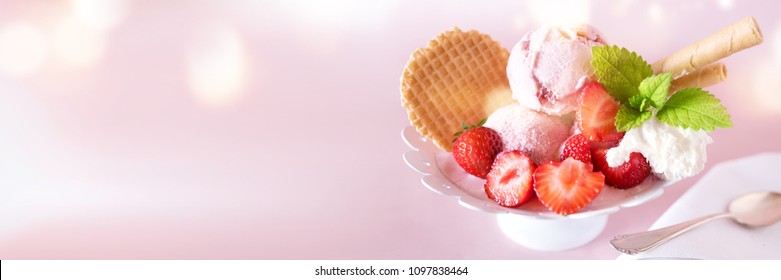 Sundae With Strawberries And Waffle On Sweet Pink Panorama Background Close Up