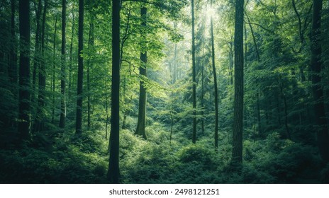 Sun-Dappled Forest with Dense Green Canopy - Idyllic Nature Scene