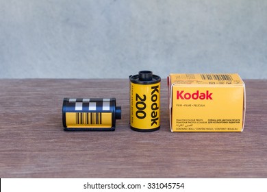 Sunday, 25 October 2015 : in Chiang Mai Thailand, Kodak film roll and Kodak film box on wood table and vintage background.