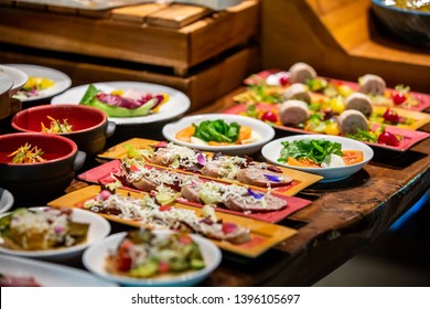 Sunday brunch buffet set up in Luxury Hotel, Brunch with Family in Restaurant. Various delicious food