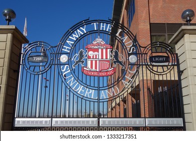 SUNDERLAND, ENGLAND - FEBRUARY 26, 2019: Detail view of an entrance gate at the Stadium of Light in Sunderland, England