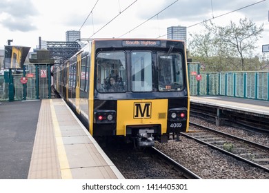 Sunderland - Great Britain / April 13, 2019 : Metro Light Rail Train Pulling Into Station Showing South Hylton On Front