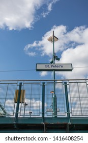 Sunderland - Great Britain / April 13, 2019 : View Up To Platforms At Metro Light Railway Station Showing Station Name Sign