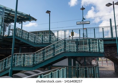 Sunderland - Great Britain / April 13, 2019 : Stairway Entrance Leading Up To Platforms At Metro Light Railway Station.