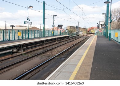 Sunderland - Great Britain / April 13, 2019 : Empty Platform Tracks At Metro Light Railway Station Outside