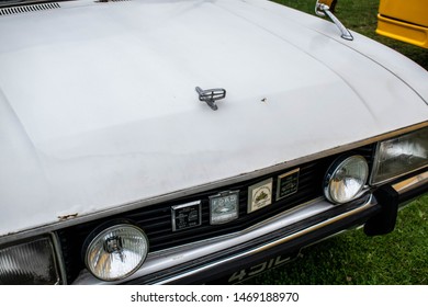 Sunderland, UK - 28th July 2019: FORD classic and vintage car show at the Sunderland air show. Traditional elegant retro style design car, muscle car, horse power. Retro concept background.