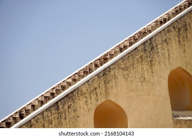 Sundial at Astronomical Observatory at Jantar Mantar in Jaipur, India. World's largest stone sundial. An Astronomical calculating instrument measures longitude, latitude of celestial bodies and time.