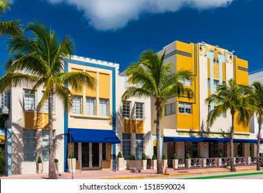 Sun-drenched hotels on Ocean Drive, in the Art Deco District, Miami Beach