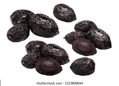 Sundried Or Dried Greek Halkidiki (Chalkidiki) Olives, Piles Of And Singles, Whole With Stone,  Isolated On White