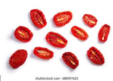 Sundried or dried tomato halves, top view, diffrent shapes. Clipping paths, shadow separated
