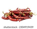 Sun-dried hot pepper. Dried red chili or cayenne chili pepper isolated on white background. Close up