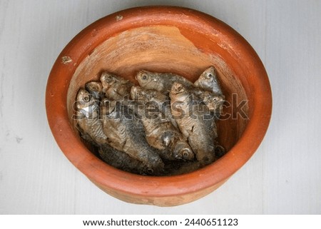 Sun-dried Puti fish (Puntius) in an earthen pot on a brown textured background. Locally in Bangladesh, it is called Chepa Shutki. It is also known as pool barb, spotfin swamp barb, or stigma barb.