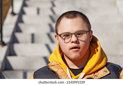 Sundsvall, Norrland Sweden - April 14, 2021: A Young Man With A Developmental Disorder