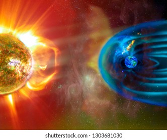 The Sun-Earth Connection Space Weather. Blasts Of Perticles And Magnetic Field From The Sun Impact Magnetosphere. Magnetic Bubble Around The Earth. Elements Of This Image Furnished By NASA.