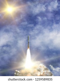 Sunflare and rocket. The elements of this image furnished by NASA.