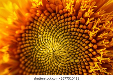 Sunflower disk florets and developing seeds growing outdoors up close shot