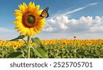 Sunflower field with butterfly in cloudy blue sky and Sunflower field on winter