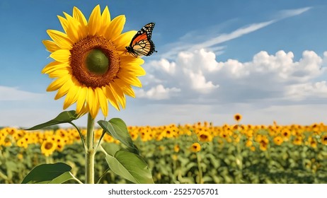 Sunflower field with butterfly in cloudy blue sky and Sunflower field on winter