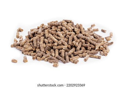 Sunflower Granulated Feed  On White Background, Close-up. Pile Of Sunflower Meal Pellets On White Background. Heap Of Animal Feed Pellets  On White Background.