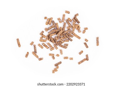 Sunflower Granulated Feed  On White Background, Close-up. Pile Of Sunflower Meal Pellets On White Background. Heap Of Animal Feed Pellets  On White Background.