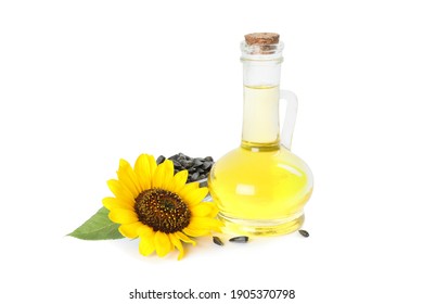 Sunflower, Jug Of Oil And Seeds On White Background