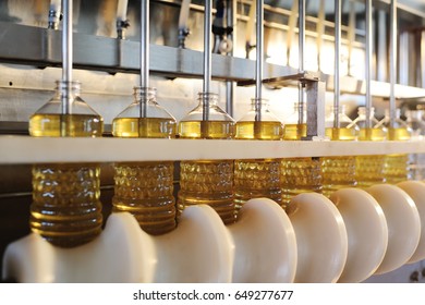 Sunflower Oil. Line For The Production And Bottling Of Refined Oil From Sunflower Seeds. Conveyor Of Food Industry