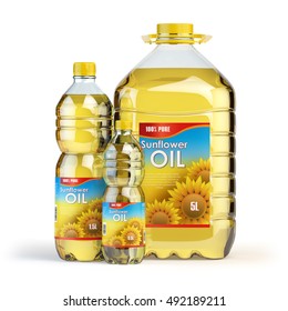 Sunflower oil in plastic bottles isolated on white. 3d illustration