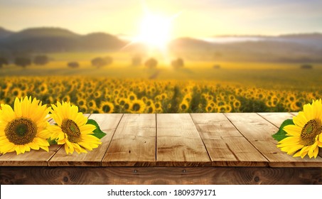 Sunflower on the wooden table. Sunflower field landscape and sunset mountains. - Powered by Shutterstock