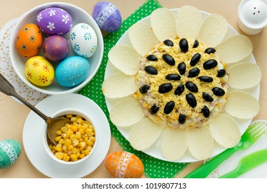 Sunflower Salad Decorated With Potato Chips, Corn, Egg And Olive For Festive Easter Dinner