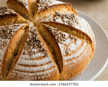 Sunflower Seed Bread : Rustic artisan round loaf with a crisp flour-dusted crust scored in a star pattern and embedded with sunflower seeds, a wholesome and beautifully crafted homemade bread.
