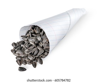 Sunflower Seeds In Paper Packet Isolated On White Background