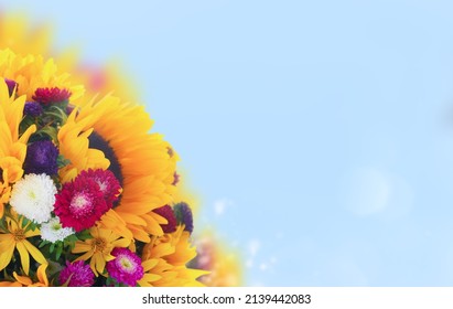 Sunflowers And Aster Fresh Flowers Border On Defocused Blue Fall Sky Background