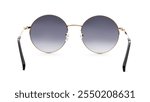 Sunglasses back view isolated on white background. Metal gold eye glasses round frame with blue uv lens against sunlight on vacation. Glasses circle shape rear view vintage and retro style for design