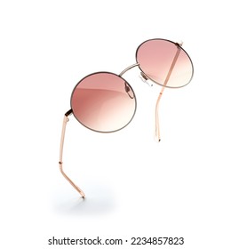 Sunglasses in flying isolated on white and grey background. Retro sunglasses summer woman fashion accessories as design element for promo or advertising banner. Modern metal glasses with frame round - Shutterstock ID 2234857823