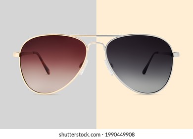 sunglasses golden and silver metallic frame and brown and gray polarized lenses isolated on beige background - Powered by Shutterstock