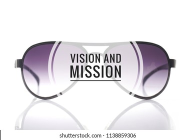 sunglasses on white isolated background. text "vision and mission" overlay on image - Powered by Shutterstock