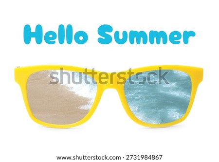 Sunglasses with reflection of ocean waves rolling on sandy beach. White background. Hello summer