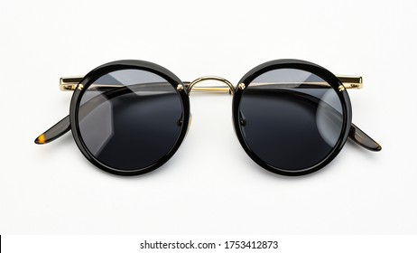 Sunglasses Retro Isolated On White Background. Modern Sun Glasses Summer Woman Accessories Black Color. Top View